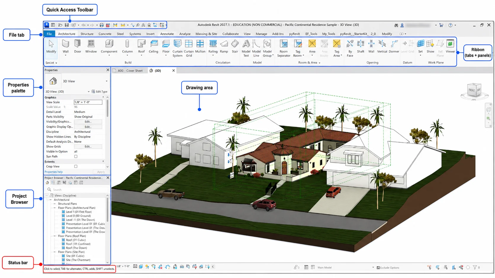 The Revit 2027 interface with the File tab, Quick Access Toolbar, ribbon, Properties palette, Project Browser, drawing area, and status bar labelled.