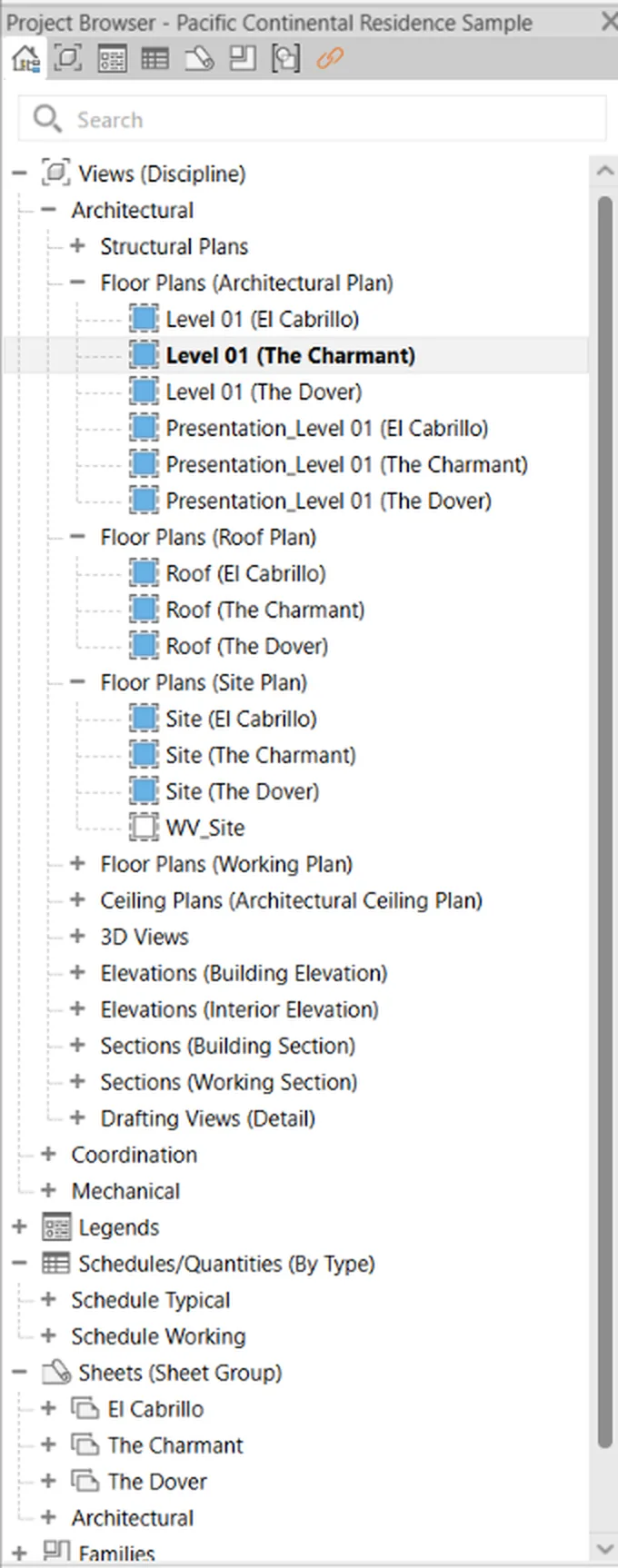 The Revit Project Browser tree expanded, showing floor plans, elevations, sections, 3D views, schedules, and sheets.